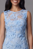 Blue Tulle Round Neck Bodycon Mini Floral Dress with Lace Appliques