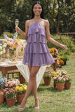 White Pink Flower Chiffon Halter Neck A-Line Printed Tiered Floral Mini Dress