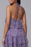 White Pink Flower Chiffon Halter Neck A-Line Printed Tiered Floral Mini Dress