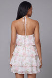 White Pink Flower Chiffon Halter Neck A-Line Printed Tiered Floral Mini Dress