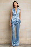 Blue 2 Piece Single Breasted Peak Lapel Sleeveless Women Suits