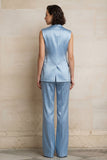 Blue 2 Piece Single Breasted Peak Lapel Sleeveless Women Suits