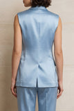 Blue 2 Piece Single Breasted Peak Lapel Sleeveless Women Suits