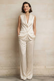 Blue 2 Piece Single Breasted Peak Lapel Sleeveless Women Suits