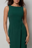 Dark Green Sheath Bateau Neck Midi Work Dress with Slit