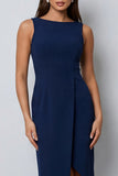 Dark Green Sheath Bateau Neck Midi Work Dress with Slit