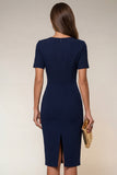 Bodycon Navy V-Neck Short Sleeves Midi Work Dress with Slit
