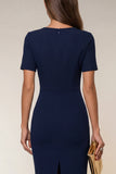 Bodycon Navy V-Neck Short Sleeves Midi Work Dress with Slit