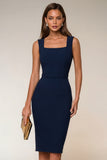 Navy Square Neck Bodycon Midi Work Dress