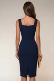 Navy Square Neck Bodycon Midi Work Dress