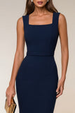 Navy Square Neck Bodycon Midi Work Dress