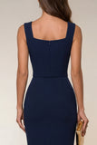 Navy Square Neck Bodycon Midi Work Dress