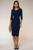 Cowl Neck Navy Bodycon 3/4 Sleeves Midi Work Dress