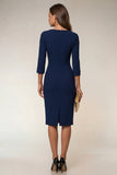 Cowl Neck Navy Bodycon 3/4 Sleeves Midi Work Dress