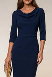 Cowl Neck Navy Bodycon 3/4 Sleeves Midi Work Dress