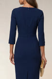 Cowl Neck Navy Bodycon 3/4 Sleeves Midi Work Dress