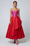 Strapless A Line Fuchsia and Red Corset Ruffled Midi Dress