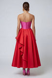 Strapless A Line Fuchsia and Red Corset Ruffled Midi Dress