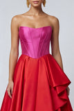 Strapless A Line Fuchsia and Red Corset Ruffled Midi Dress