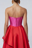 Strapless A Line Fuchsia and Red Corset Ruffled Midi Dress