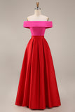 Off the Shoulder Fuchsia and Red A Line Color Block Midi Satin Dress with Pockets