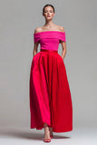 Off the Shoulder Fuchsia and Red A Line Color Block Midi Satin Dress with Pockets