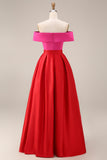 Off the Shoulder Fuchsia and Red A Line Color Block Midi Satin Dress with Pockets