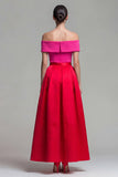 Off the Shoulder Fuchsia and Red A Line Color Block Midi Satin Dress with Pockets