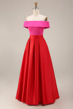 Off the Shoulder Fuchsia and Red A Line Color Block Midi Satin Dress with Pockets