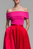 Off the Shoulder Fuchsia and Red A Line Color Block Midi Satin Dress with Pockets