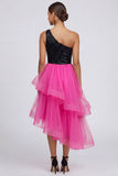 Fuchsia and Black One Shoulder Sequin Ruffled A Line Midi Dress