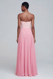 Pink Strapless A Line Ruched Long Chiffon Dress