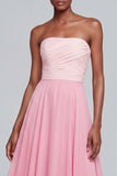 Pink Strapless A Line Ruched Long Chiffon Dress