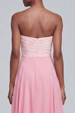 Pink Strapless A Line Ruched Long Chiffon Dress