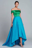 Off the Shoulder Green and Blue A Line Asymmetrical Satin Dress
