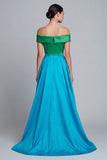 Off the Shoulder Green and Blue A Line Asymmetrical Satin Dress