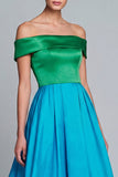 Off the Shoulder Green and Blue A Line Asymmetrical Satin Dress