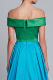 Off the Shoulder Green and Blue A Line Asymmetrical Satin Dress