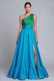 One Shoulder Green and Blue A Line Long Satin Dress with Slit