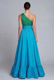 One Shoulder Green and Blue A Line Long Satin Dress with Slit