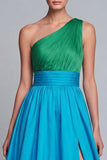 One Shoulder Green and Blue A Line Long Satin Dress with Slit