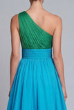 One Shoulder Green and Blue A Line Long Satin Dress with Slit