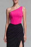 Fuchsia and Black One Shoulder Corset Mermaid Long Satin Dress with Slit