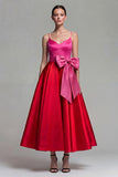 Fuchsia and Red A Line Satin Spaghetti Straps Midi Dress with Bow