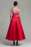 Fuchsia and Red A Line Satin Spaghetti Straps Midi Dress with Bow