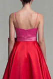 Fuchsia and Red A Line Satin Spaghetti Straps Midi Dress with Bow