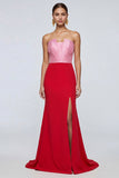 Strapless Mermaid Pink and Red Long Satin Dress with Slit