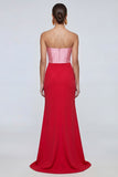 Strapless Mermaid Pink and Red Long Satin Dress with Slit