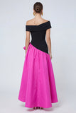 Off the Shoulder Ruffled Fuchsia and Black A Line Asymmetrical Satin Dress