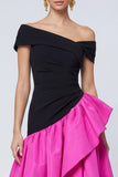 Off the Shoulder Ruffled Fuchsia and Black A Line Asymmetrical Satin Dress